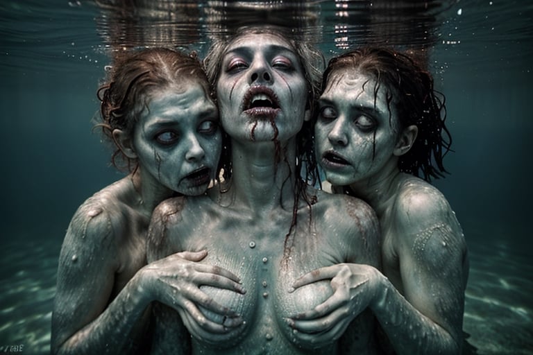 3 female zombies hugging underwater, zombie version, under_water, love and sadness,
, hd, 8k, masterpiece, one light, realistic photography, hasselblad, raw, hiperrealism, medium format sensor camera, super prime cinema lens, (((filtered light))) , concret background, 