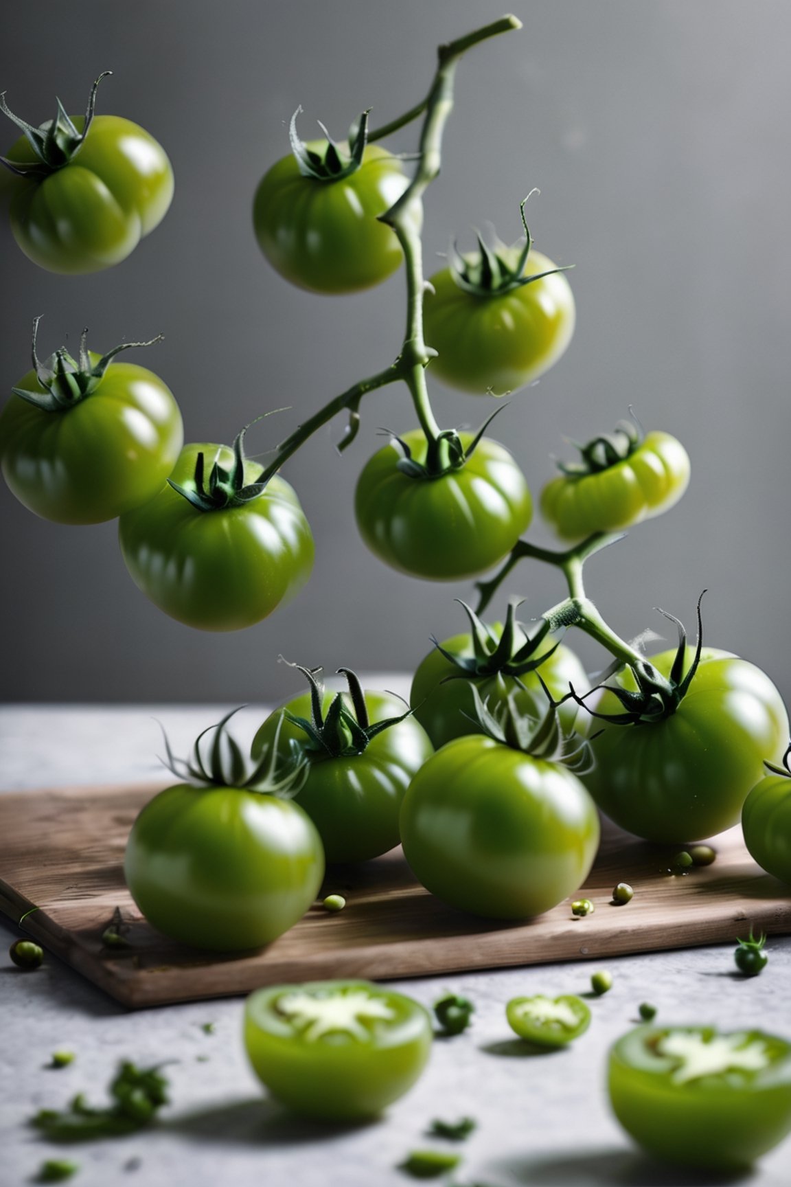 

green tomatoes falling down
on a table
