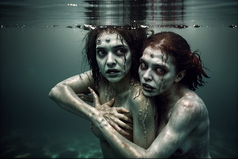 3 female zombies hugging underwater zombie version, under_water
, hd, 8k, masterpiece, one light, realistic photography, hasselblad, raw, hiperrealism, medium format sensor camera, super prime cinema lens, (((filtered light))) , concret background, 