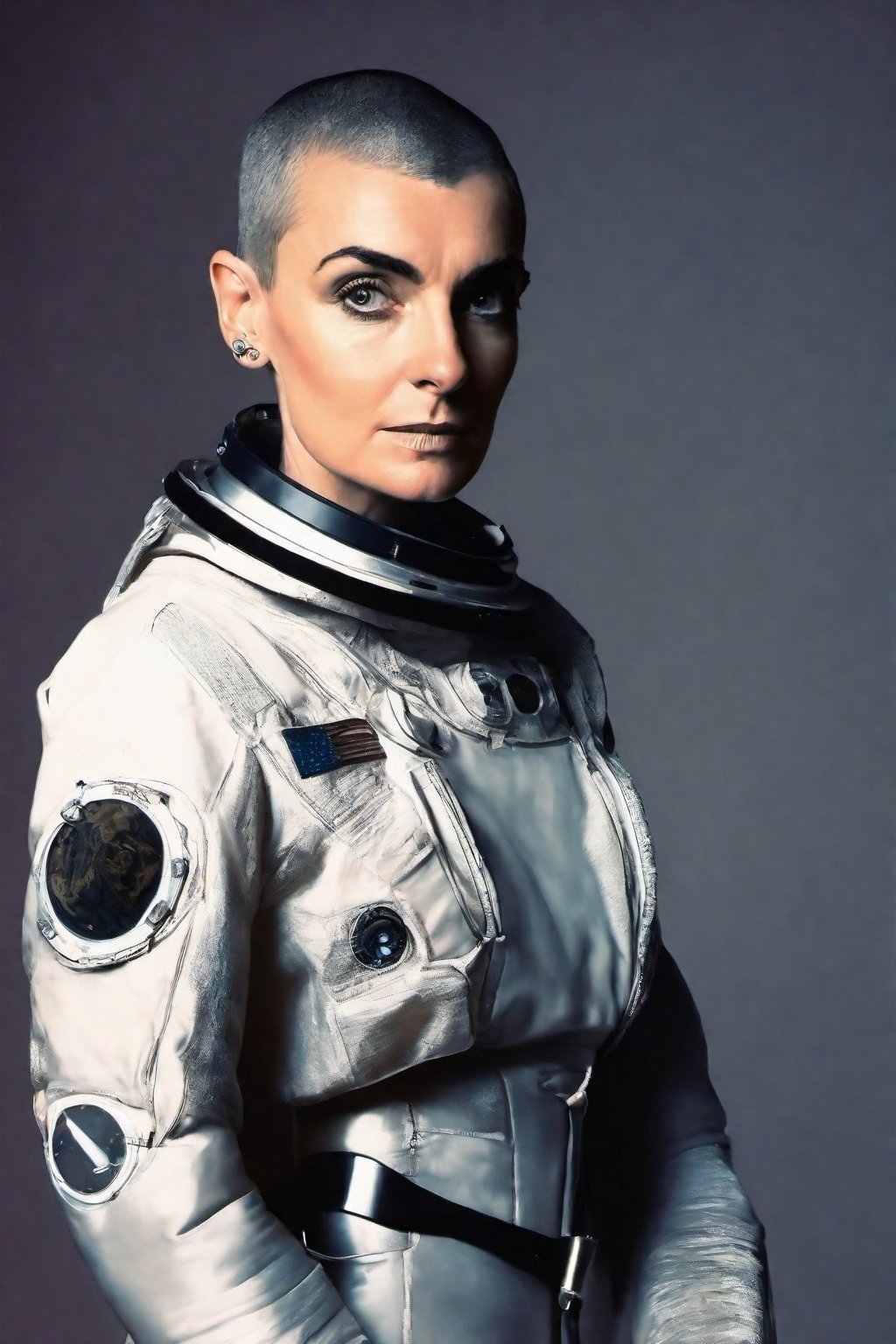 photo of sinead o'connor with astronaut suit, copkit , rule of thirds, dramatic lighting, medium hair, detailed face, detailed nose, woman naked, soft freckles, smirk, intricate background,realism,realistic,raw,analog,woman,portrait,photorealistic,analog,realism, front light medium power. 8k, mohicano haircut