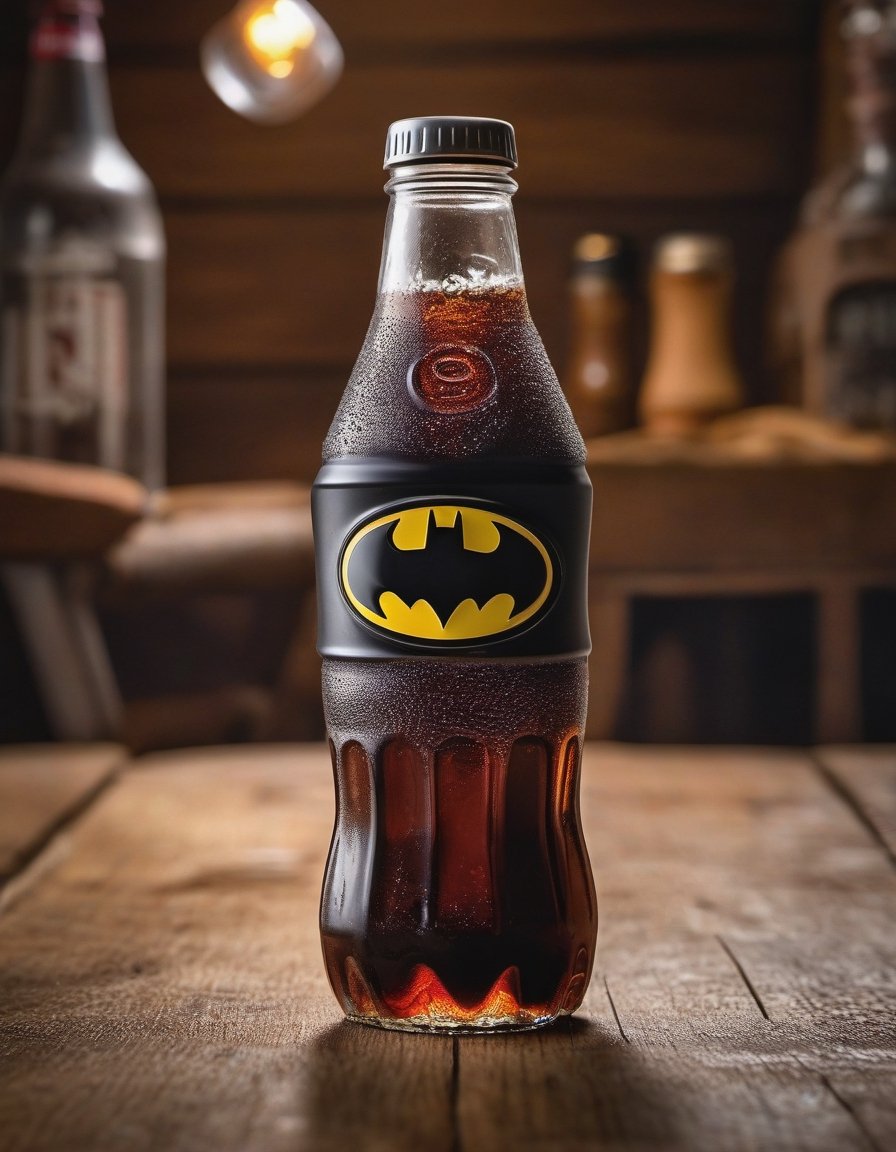 cola drink bottle batman brand, ice, resting on a wooden table , betas of the wood, hd, 8k, masterpiece, one light, soja, cenital camera, nikon d800, raw, hiperrealism, medium format sensor camera, super prime cinema lens, (((((100mm lens))))), (((filtered light)))

