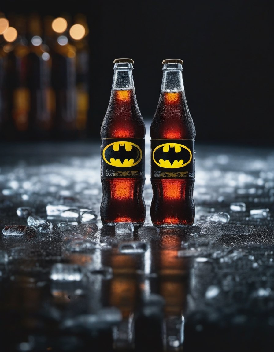 cola soda bottles batman brand on the ice , hd, 8k, masterpiece, one light, hasselbrlad, raw, hiperrealism, medium format sensor camera, super prime cinema lens, (((((100mm lens))))), (((filtered light))) black background, marvel_comics, mirror floor


