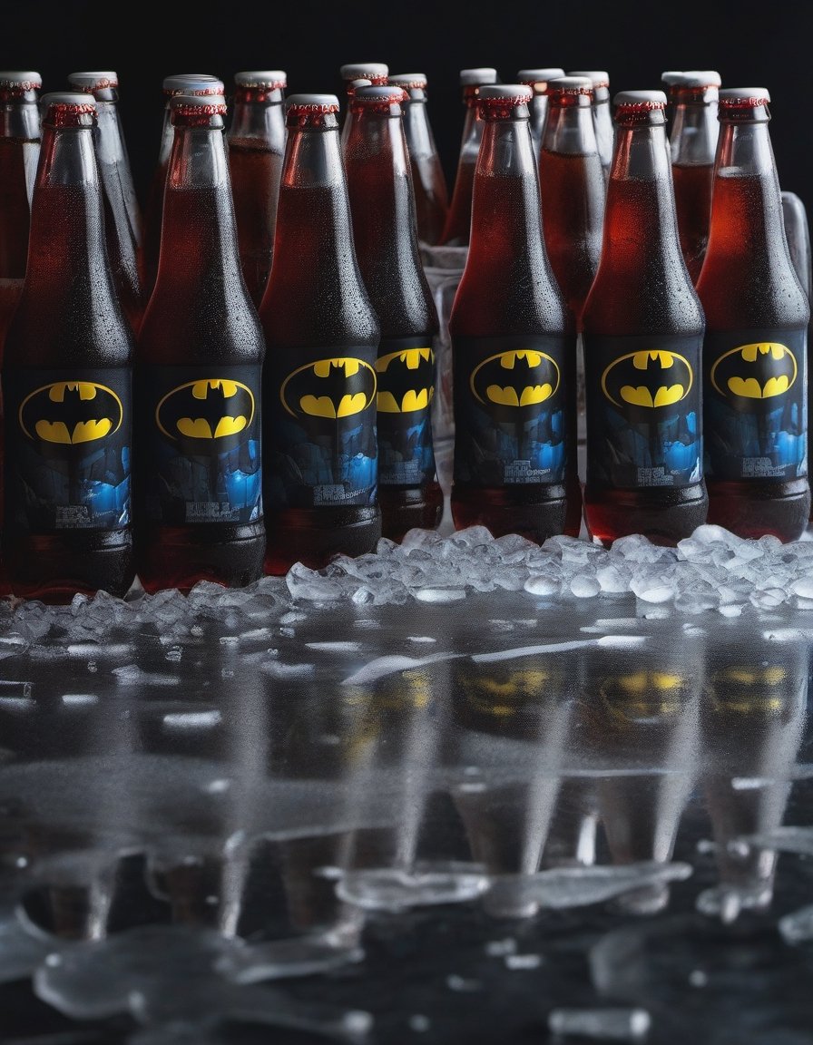 cola soda bottles batman brand on the ice , hd, 8k, masterpiece, one light, hasselbrlad, raw, hiperrealism, medium format sensor camera, super prime cinema lens, (((((100mm lens))))), (((filtered light))) black background, marvel_comics, mirror floor


