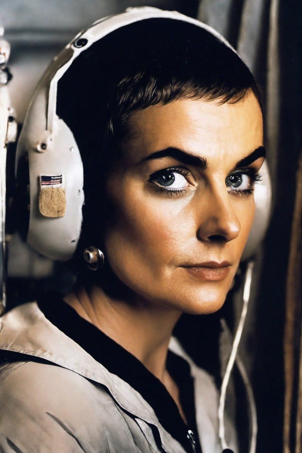 photo of sinead o'connor with astronaut suitcase, rule of thirds, dramatic lighting, medium hair, detailed face, detailed nose, woman naked, soft freckles, smirk, intricate background,realism,realistic,raw,analog,woman,portrait,photorealistic,analog,realism, front light medium power. 8k, mohicano haircut