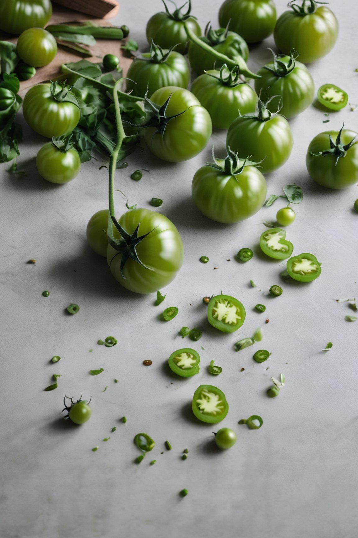 

green tomatoes falling down
on a table
