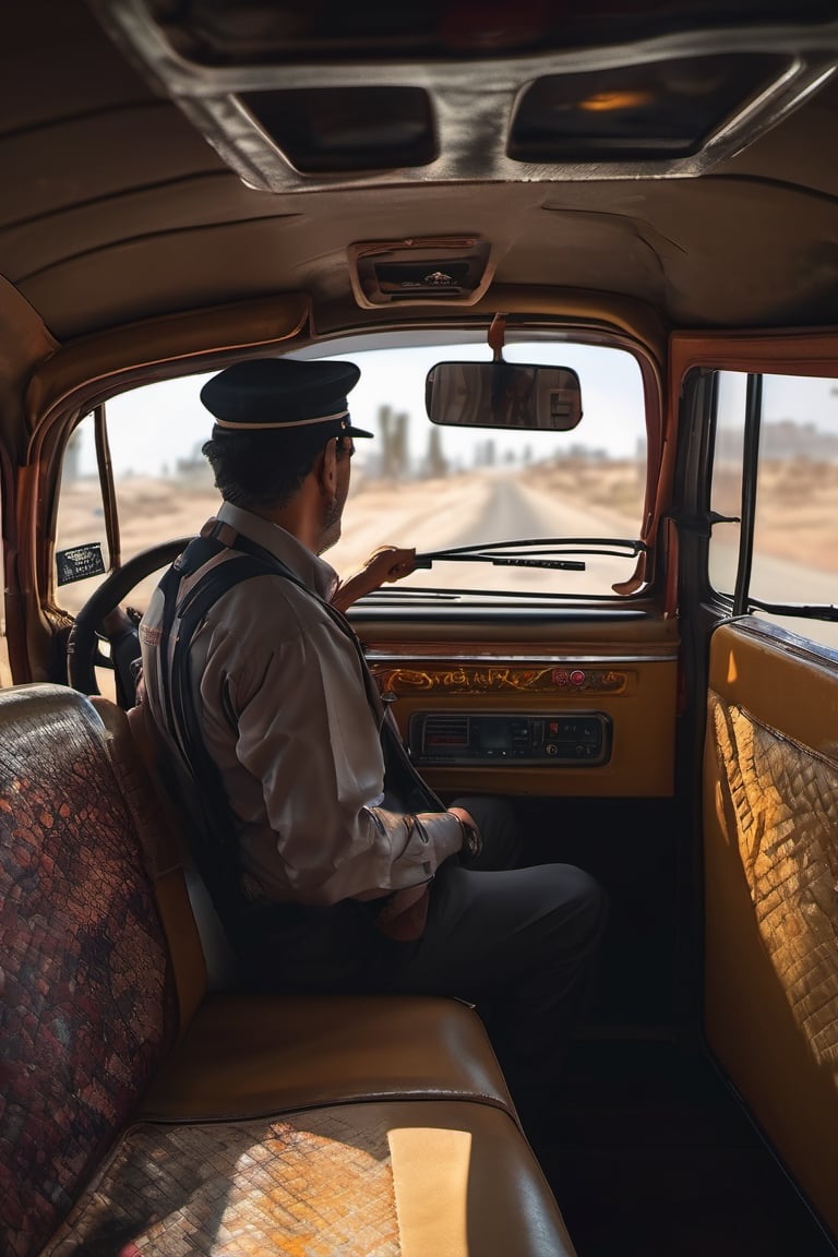 RAW natural photo Of photo shot inside a taxi, the camera is in the back seat looking forward, the turkish taxi driver is looking back in bombai, only one light cenital chimera, day advertising shooting, realistic photograph, sharp focus, depth of field, shoot, ,side shot, side shot, ultrahd, realistic, vivid colors, highly detailed, perfect composition, 8k, photorealistic concept art, soft natural volumetric cinematic perfect light,booth,food focus, UP THE CAMERA
