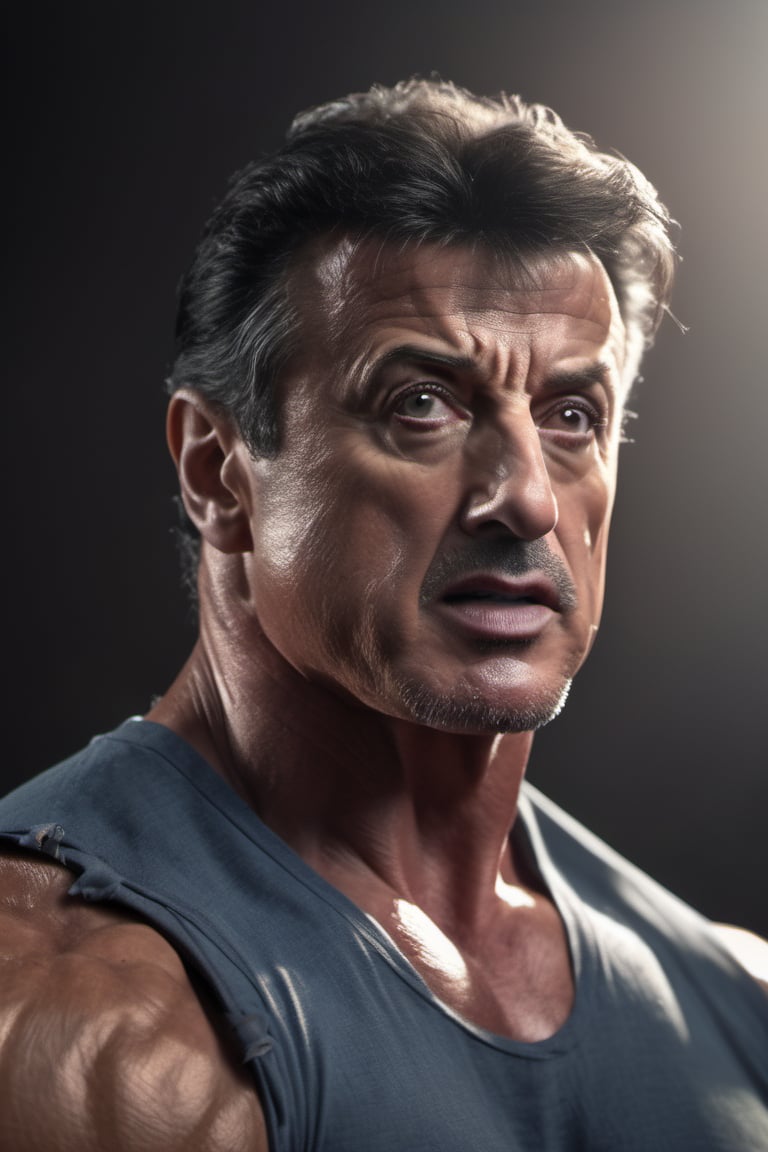 RAW natural photo of sylvester stallone, hungry, no muscles, slim boby, argentinian singer, realisct, no friendly, ((full body)), red hair , sharp focus, depth of field, shoot, ,side shot, side shot, ultra hd, realistic, vivid colors, highly detailed, perfect composition, 8k artistic photography, photorealistic concept art, soft natural volumetric cinematic perfect light, black background studio,OHWX