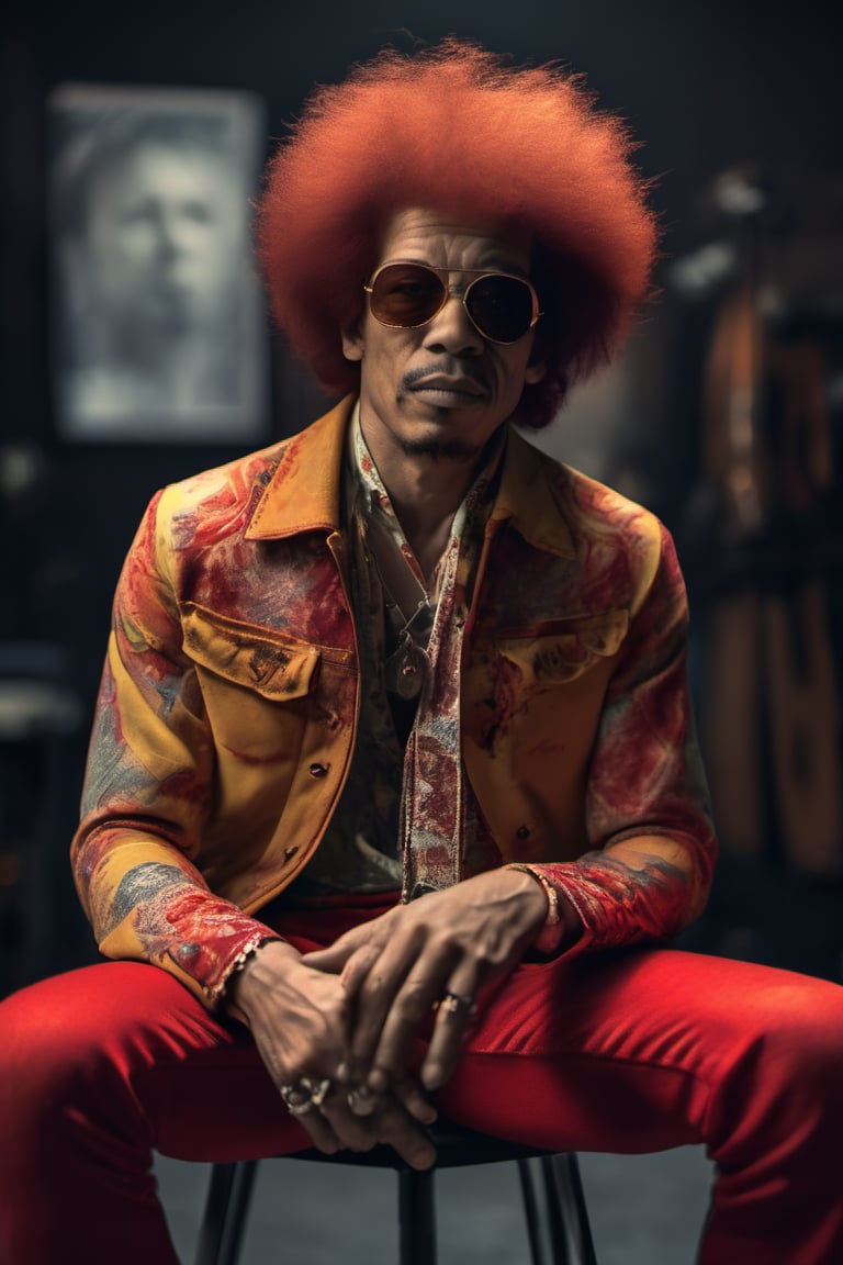 RAW natural photo of jimmy hendrix, hungry, no muscles, slim boby, argentinian singer, realisct, no friendly, ((full body)), red hair , sharp focus, depth of field, shoot, ,side shot, side shot, ultra hd, realistic, vivid colors, highly detailed, perfect composition, 8k artistic photography, photorealistic concept art, soft natural volumetric cinematic perfect light, black background studio,OHWX