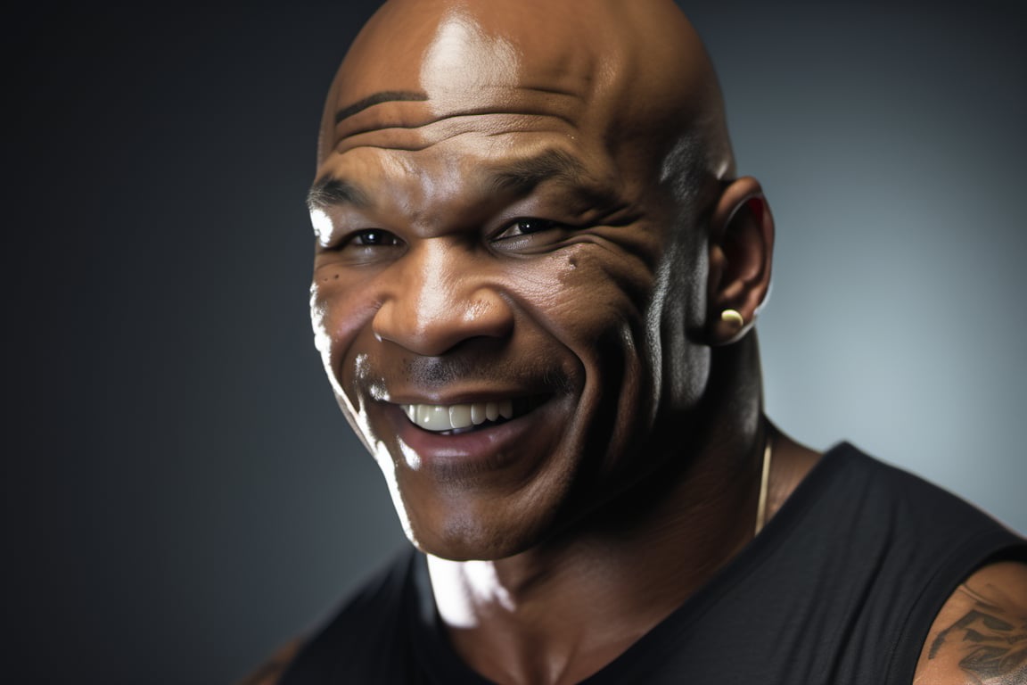 RAW natural photo of mike tyson smiling, friendly, half body, red hair , sharp focus, depth of field, shoot, ,side shot, side shot, ultra hd, realistic, vivid colors, highly detailed, perfect composition, 8k artistic photography, photorealistic concept art, soft natural volumetric cinematic perfect light, black background studio