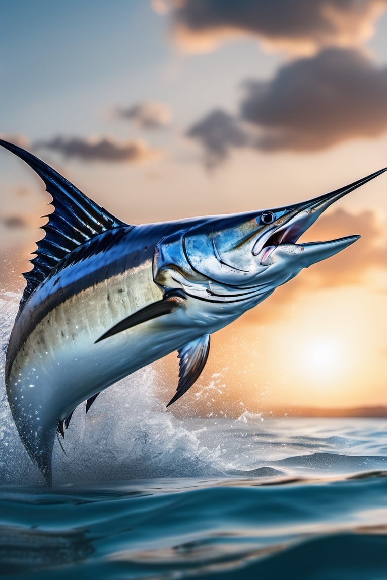 RAW natural photo Of fishing marlin, only one light cenital chimera, day advertising shooting, realistic photograph, sharp focus, depth of field, shoot, ,side shot, side shot, ultrahd, realistic, vivid colors, highly detailed, perfect composition, 8k, photorealistic concept art, soft natural volumetric cinematic perfect light,booth,food focus, UP THE CAMERA
