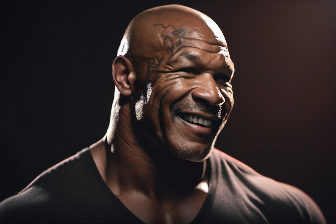 RAW natural photo of mike tyson smiling, friendly, half body, red hair , sharp focus, depth of field, shoot, ,side shot, side shot, ultra hd, realistic, vivid colors, highly detailed, perfect composition, 8k artistic photography, photorealistic concept art, soft natural volumetric cinematic perfect light, black background studio