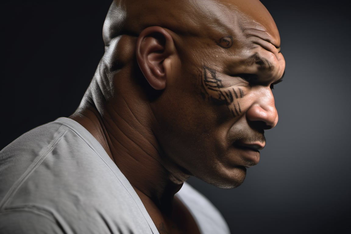 RAW natural photo of mike tyson, half body, red hair , sharp focus, depth of field, shoot, ,side shot, side shot, ultra hd, realistic, vivid colors, highly detailed, perfect composition, 8k artistic photography, photorealistic concept art, soft natural volumetric cinematic perfect light, black background studio