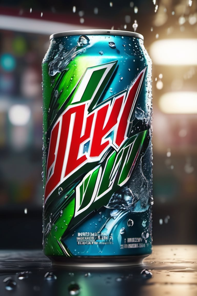 High quality, masterpiece, 4K, quality, Tyndall effect, RAW natural photo of (((perfect))) mountain dew can, fresh, water splash, water drops, only one light cenital chimera, day advertising shooting, realistic photograph, sharp focus, depth of field, shoot, ,side shot, side shot, ultrahd, realistic, vivid colors, highly detailed, perfect composition, 8k, photorealistic concept art, soft natural volumetric cinematic perfect light,booth, food focus, black background
