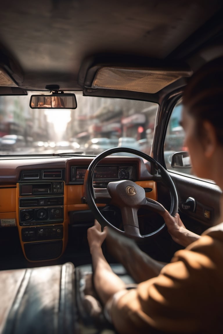 RAW natural photo Of photo shot inside a taxi, the camera is in the back seat looking forward, the turkish taxi driver is looking back, only one light cenital chimera, day advertising shooting, realistic photograph, sharp focus, depth of field, shoot, ,side shot, side shot, ultrahd, realistic, vivid colors, highly detailed, perfect composition, 8k, photorealistic concept art, soft natural volumetric cinematic perfect light,booth,food focus, UP THE CAMERA
