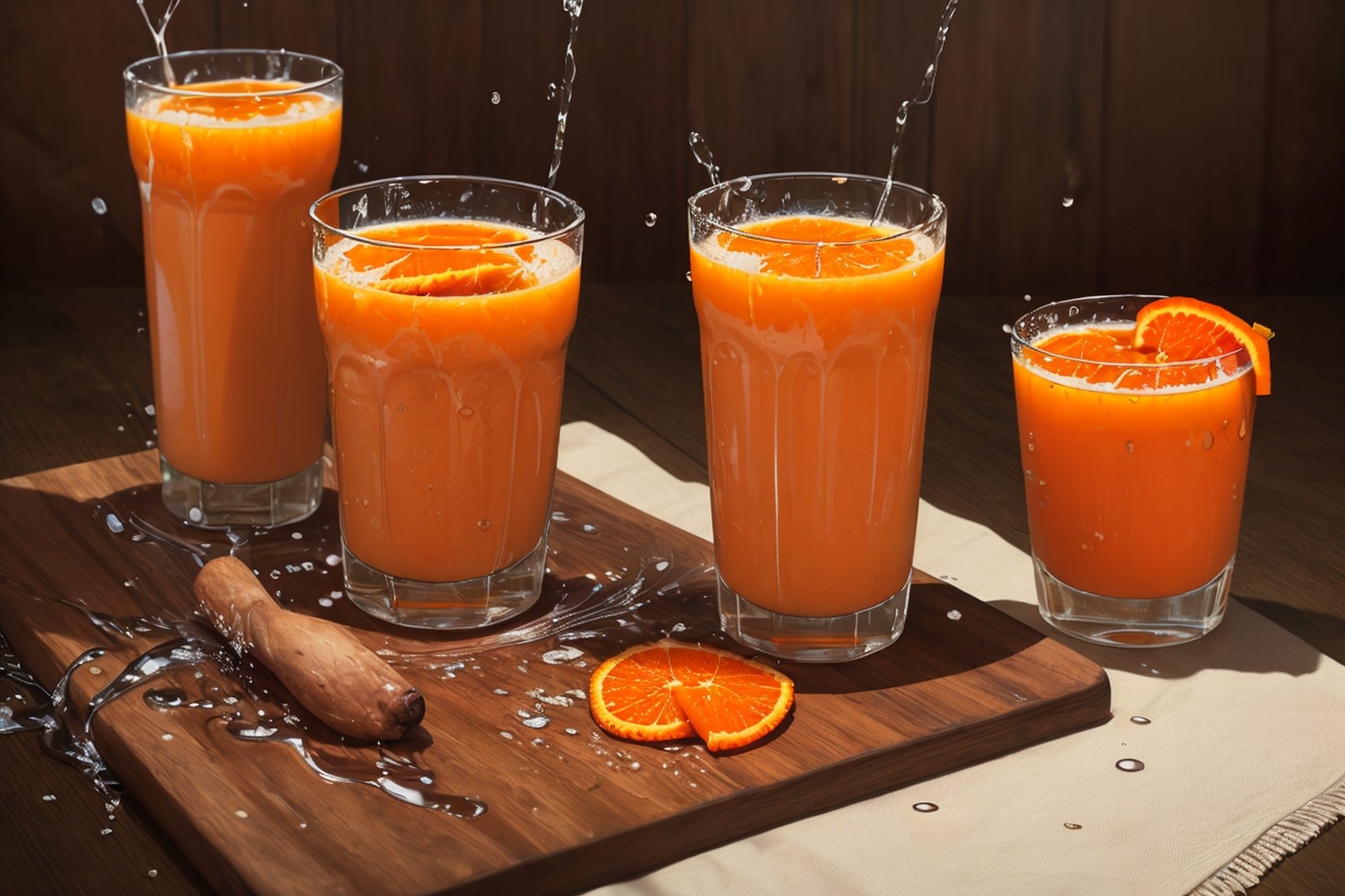 some robles on a brown table, raw, 4k, masterpiece, realistic photography, freshness, coolness, foodstyling, perfect fruits, fresh water transpiration, all wet with water, (((splash)))
 of orange juice