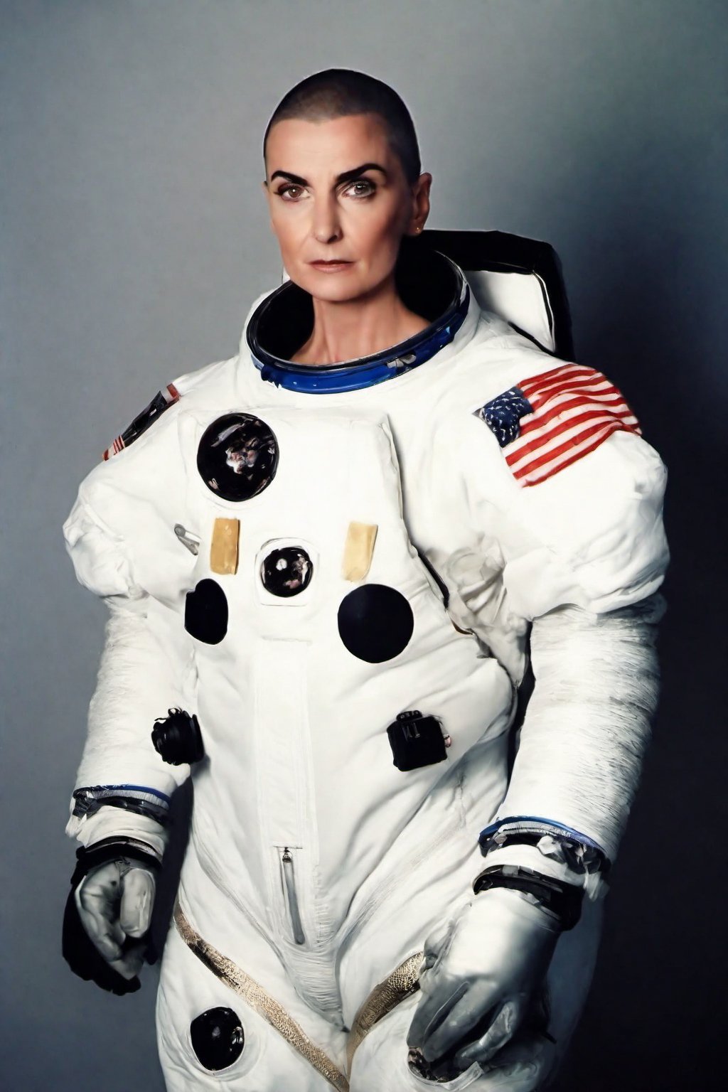 photo of sinead o'connor with astronaut suit, copkit , rule of thirds, dramatic lighting, medium hair, detailed face, detailed nose, woman naked, soft freckles, smirk, intricate background,realism,realistic,raw,analog,woman,portrait,photorealistic,analog,realism, front light medium power. 8k, mohicano haircut