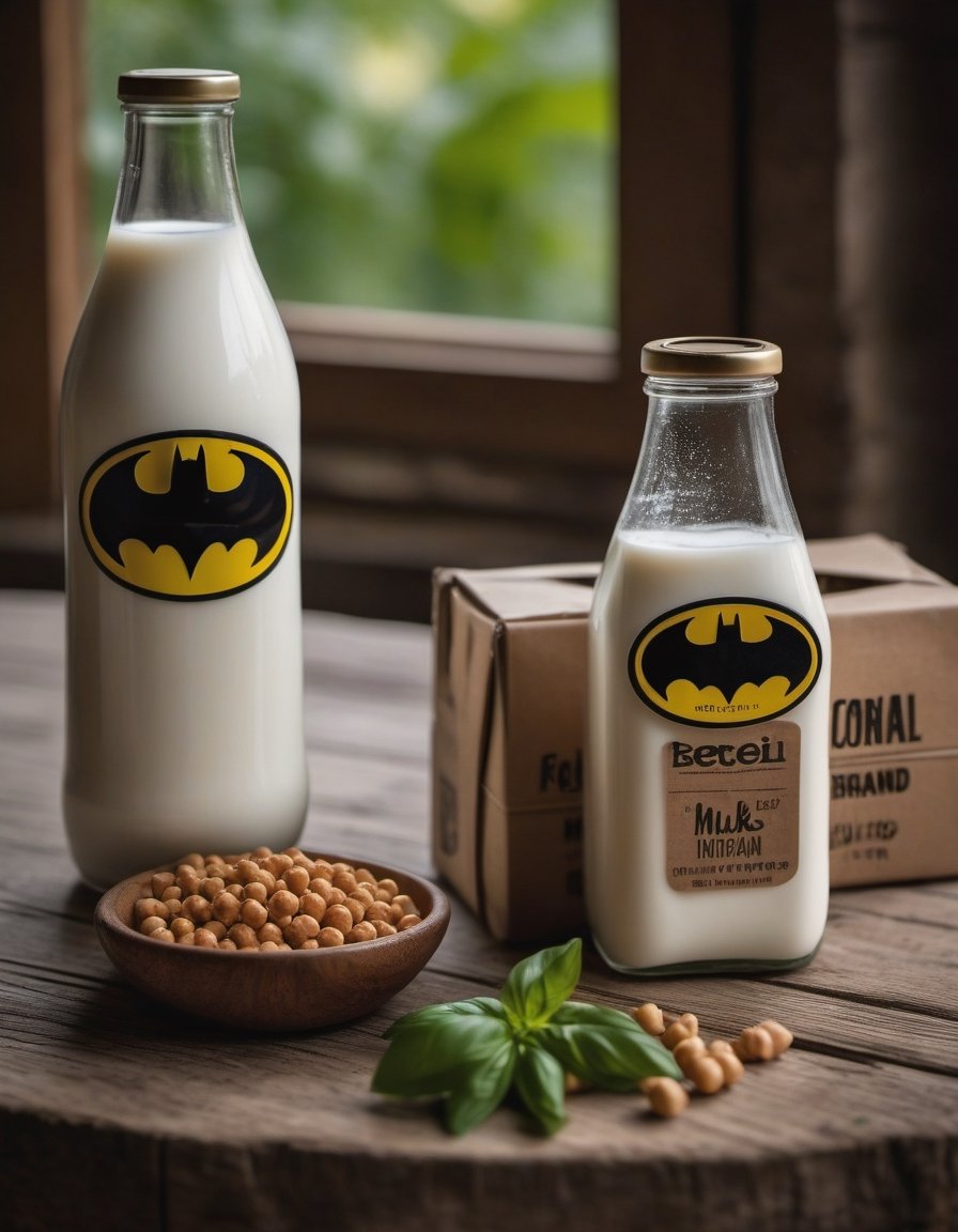 milk bottle batman brand, they have some water, resting on a wooden table we can see the betas of the wood, two packages of basil, hd, 8k, masterpiece, one light, chickpeas, cenital camera, nikon d800, raw

