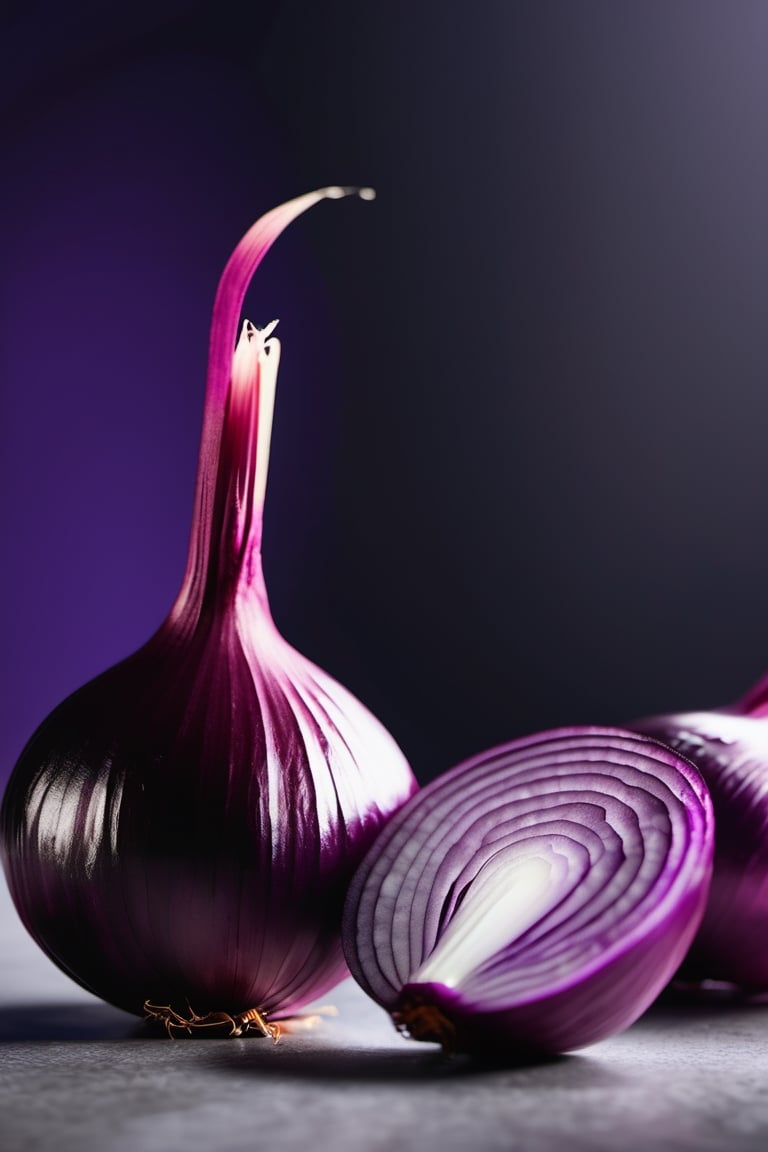 High quality, masterpiece, 4K, quality, Tyndall effect, RAW natural photo of (((perfect))) purple onion, foodstyling, only one light cenital chimera, day advertising shooting, realistic photograph, sharp focus, depth of field, shoot, ,side shot, side shot, ultrahd, realistic, vivid colors, highly detailed, perfect composition, 8k, photorealistic concept art, soft natural volumetric cinematic perfect light,booth, food focus, black background
