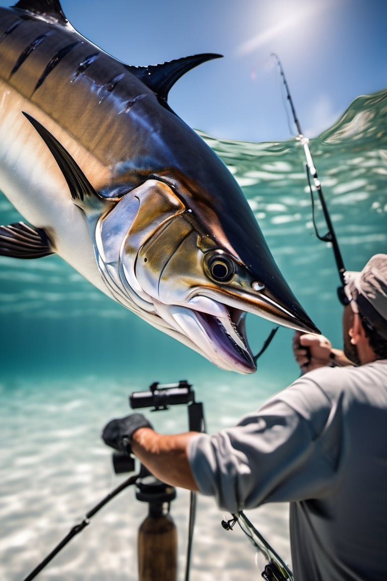 RAW natural photo Of fishing marlin, only one light cenital chimera, day advertising shooting, realistic photograph, sharp focus, depth of field, shoot, ,side shot, side shot, ultrahd, realistic, vivid colors, highly detailed, perfect composition, 8k, photorealistic concept art, soft natural volumetric cinematic perfect light,booth,food focus, UP THE CAMERA
