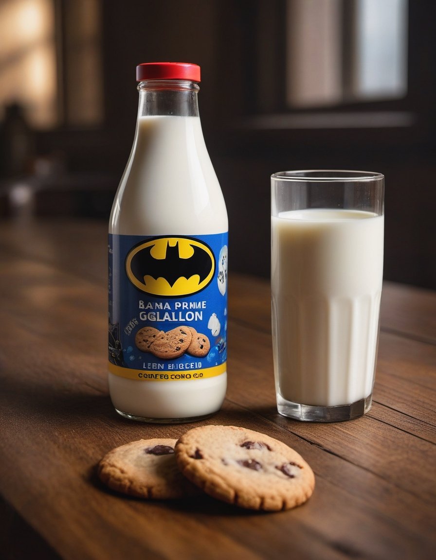 milk ggallon bottle batman brand, resting on a wooden table we can see the betas of the wood, two cookies, hd, 8k, masterpiece, one light, soja, cenital camera, nikon d800, raw, hiperrealism, medium format sensor camera, super prime cinema lens, (((((100mm lens))))), (((filtered light)))

