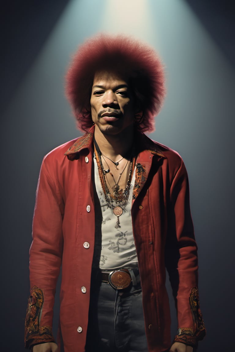 RAW natural photo of jimmy hendrix, hungry, no muscles, slim boby, argentinian singer, realisct, no friendly, ((full body)), red hair , sharp focus, depth of field, shoot, ,side shot, side shot, ultra hd, realistic, vivid colors, highly detailed, perfect composition, 8k artistic photography, photorealistic concept art, soft natural volumetric cinematic perfect light, black background studio,OHWX