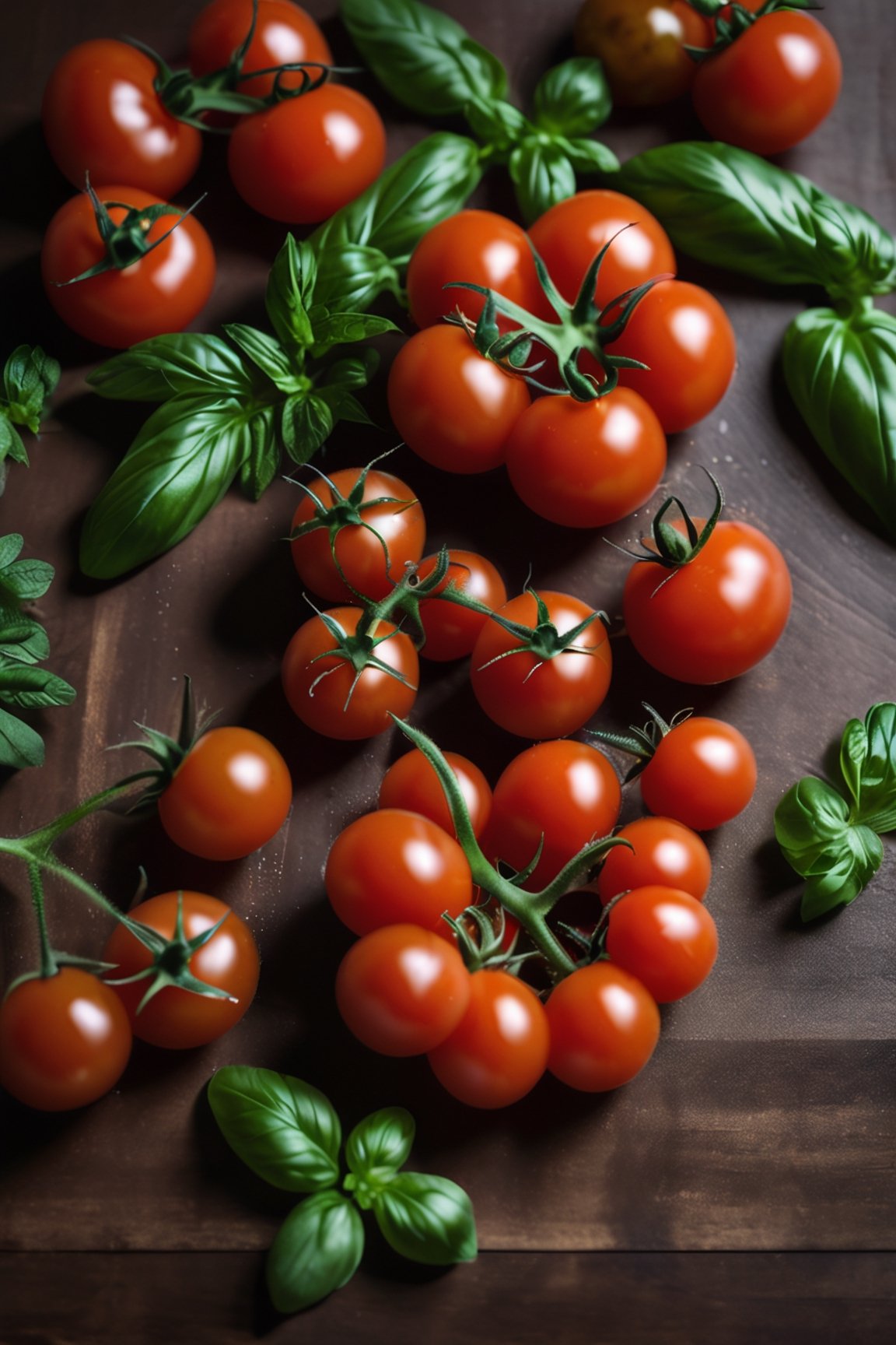  tomatoes on a brown table, some basil, raw, 4k, masterpiece, realistic photography, freshness, coolness, foodstyling, perfect fruits
