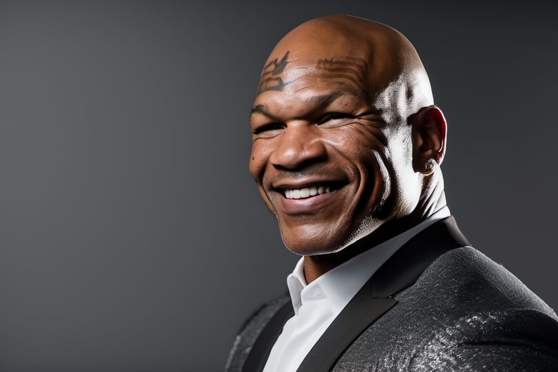 RAW natural photo of mike tyson smiling, friendly, half body, red hair , sharp focus, depth of field, shoot, ,side shot, side shot, ultra hd, realistic, vivid colors, highly detailed, perfect composition, 8k artistic photography, photorealistic concept art, soft natural volumetric cinematic perfect light, black background studio