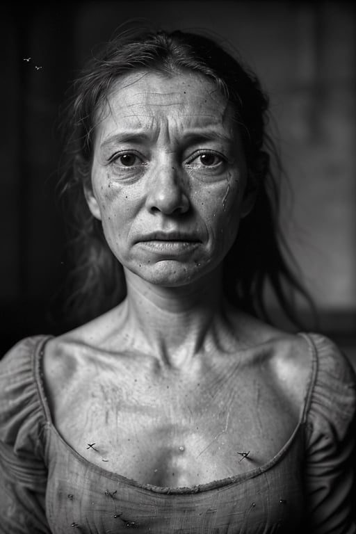 
portrait of a woman thousands of small flies flying around her, with a very suffering face, her wind is dirty broken from the 17th century, crying, in a grey room
, hd, 8k, masterpiece, one light, realistic photography, hasselblad, raw, hiperrealism, medium format sensor camera, super prime cinema lens, (((filtered light))) , concret background, 