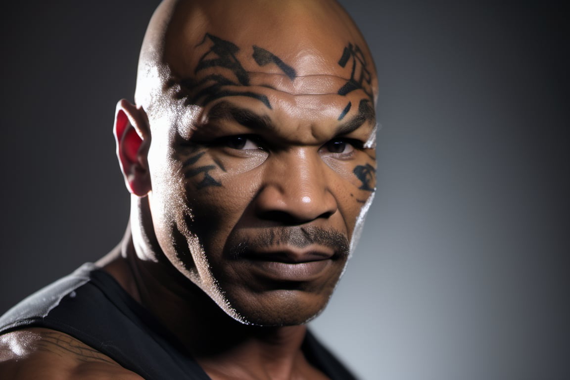 RAW natural photo of mike tyson killer, no friendly, half body, red hair , sharp focus, depth of field, shoot, ,side shot, side shot, ultra hd, realistic, vivid colors, highly detailed, perfect composition, 8k artistic photography, photorealistic concept art, soft natural volumetric cinematic perfect light, black background studio