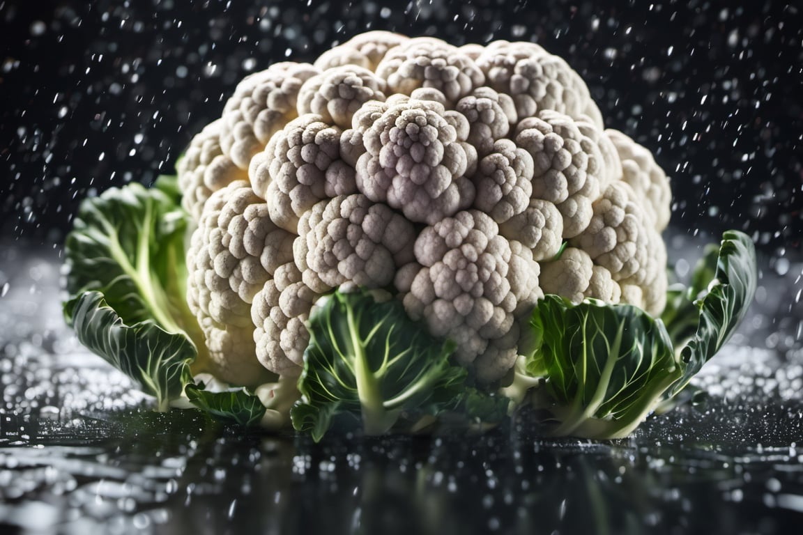 High quality, masterpiece, 4K, quality, Tyndall effect, RAW natural photo of (((perfect))) cauliflower rain, foodstyling, only one light cenital chimera, day advertising shooting, realistic photograph, sharp focus, depth of field, shoot, ,side shot, side shot, ultrahd, realistic, vivid colors, highly detailed, perfect composition, 8k, photorealistic concept art, soft natural volumetric cinematic perfect light,booth, food focus, black background
