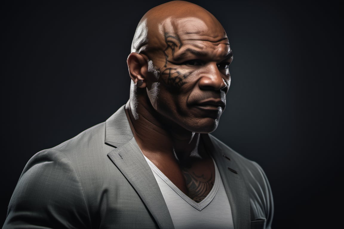 RAW natural photo of mike tyson killer, no friendly, full body, red hair , sharp focus, depth of field, shoot, ,side shot, side shot, ultra hd, realistic, vivid colors, highly detailed, perfect composition, 8k artistic photography, photorealistic concept art, soft natural volumetric cinematic perfect light, black background studio