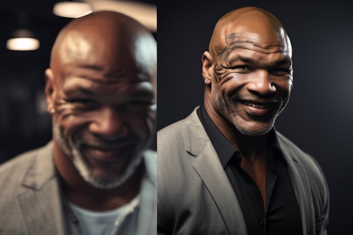 RAW natural photo of mike tyson smiling, friendly, half body, red hair , sharp focus, depth of field, shoot, ,side shot, side shot, ultra hd, realistic, vivid colors, highly detailed, perfect composition, 8k artistic photography, photorealistic concept art, soft natural volumetric cinematic perfect light, black background studio