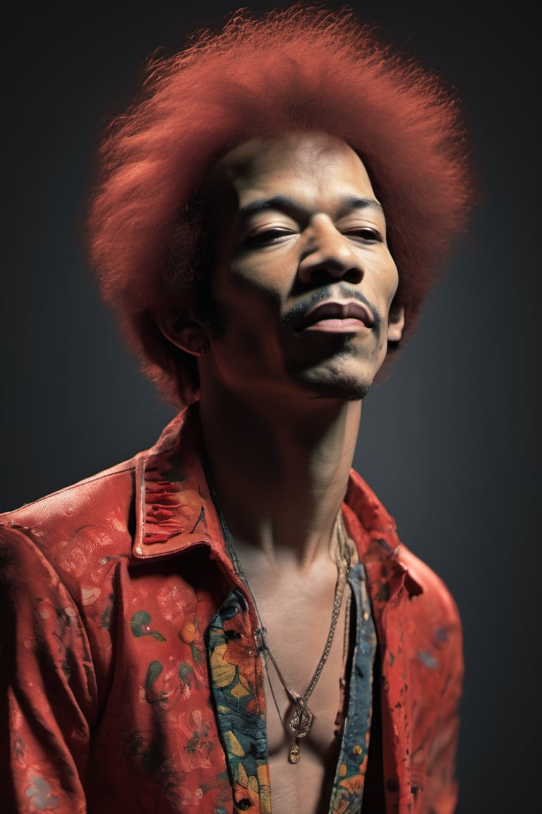 RAW natural photo of jimmy hendrix, hungry, no muscles, slim boby, argentinian singer, realisct, no friendly, ((full body)), red hair , sharp focus, depth of field, shoot, ,side shot, side shot, ultra hd, realistic, vivid colors, highly detailed, perfect composition, 8k artistic photography, photorealistic concept art, soft natural volumetric cinematic perfect light, black background studio,OHWX