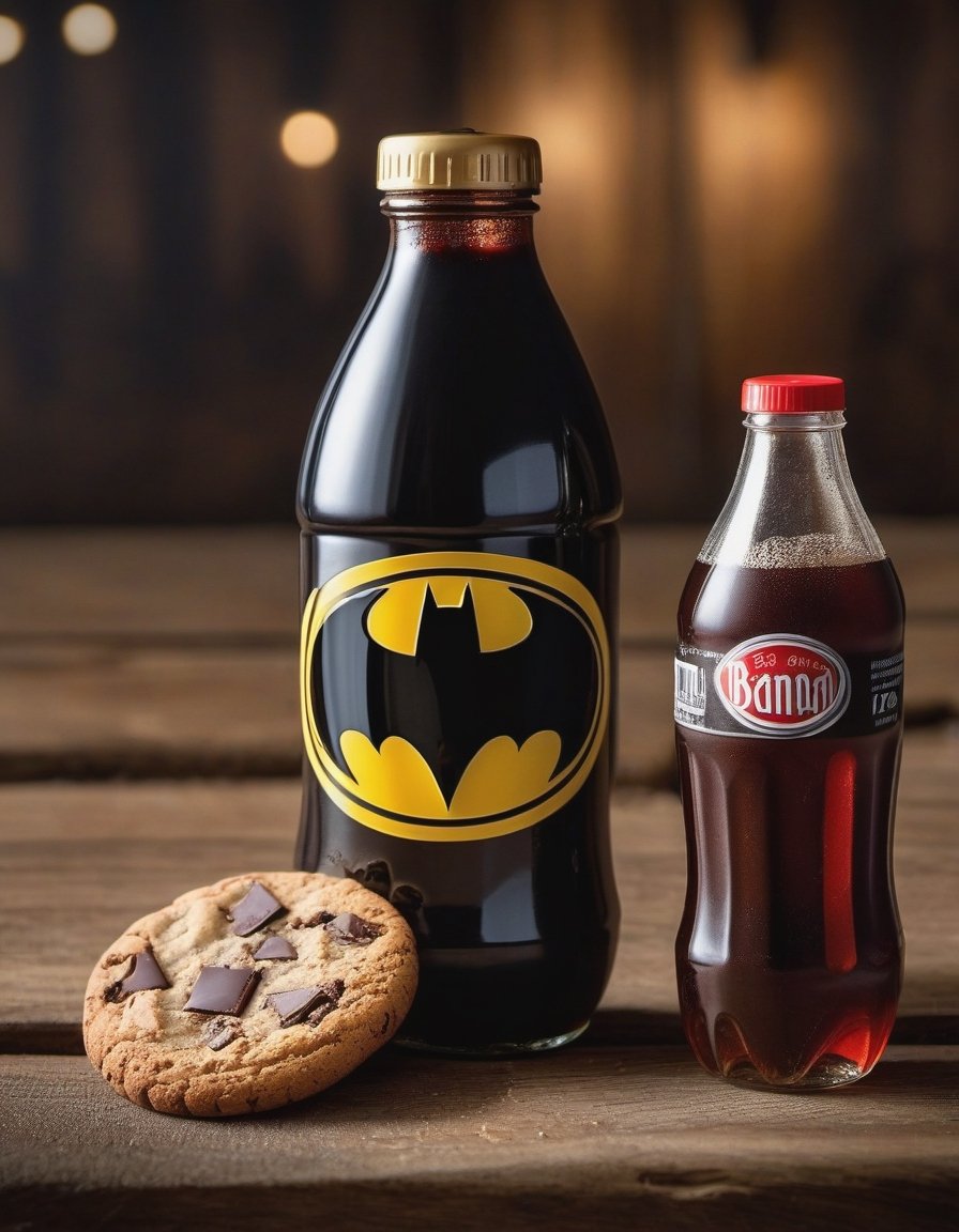 cola drink bottle batman brand, resting on a wooden table , betas of the wood, two cookies, hd, 8k, masterpiece, one light, soja, cenital camera, nikon d800, raw, hiperrealism, medium format sensor camera, super prime cinema lens, (((((100mm lens))))), (((filtered light)))

