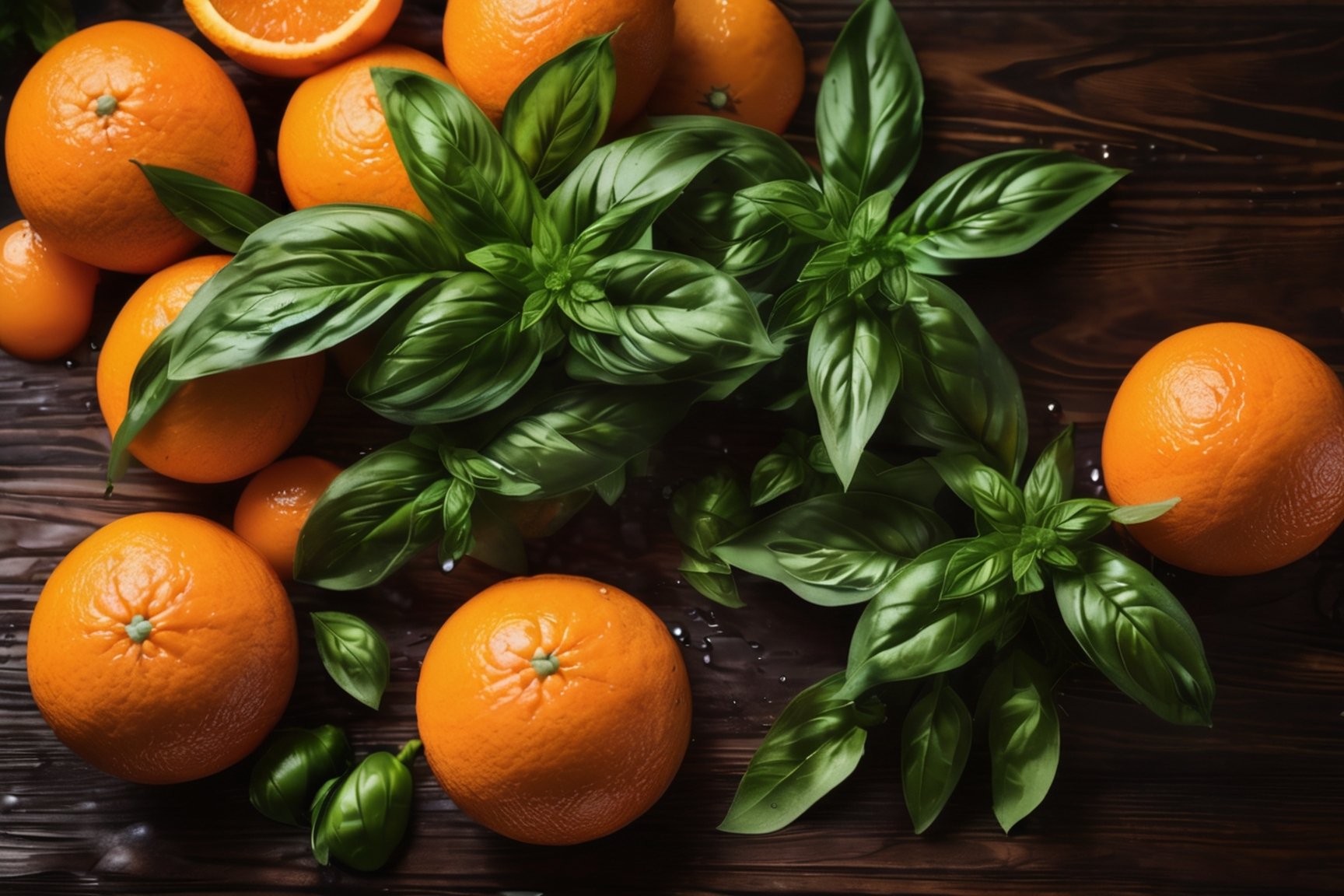 oranges
 on a brown table, some basil, raw, 4k, masterpiece, realistic photography, freshness, coolness, foodstyling, perfect fruits, fresh water transpiration, all wet with water
