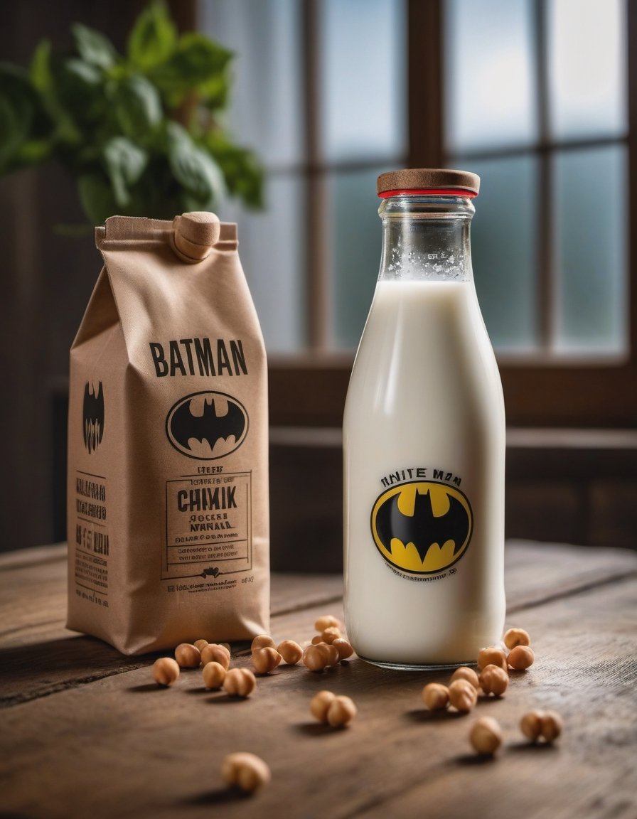 milk bottle batman brand, they have some water, resting on a wooden table we can see the betas of the wood, two packages of basil, hd, 8k, masterpiece, one light, chickpeas, cenital camera, nikon d800, raw

