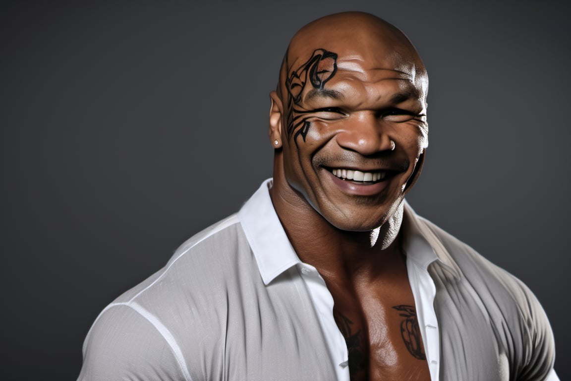 RAW natural photo of mike tyson smiling, half body, red hair , sharp focus, depth of field, shoot, ,side shot, side shot, ultra hd, realistic, vivid colors, highly detailed, perfect composition, 8k artistic photography, photorealistic concept art, soft natural volumetric cinematic perfect light, black background studio