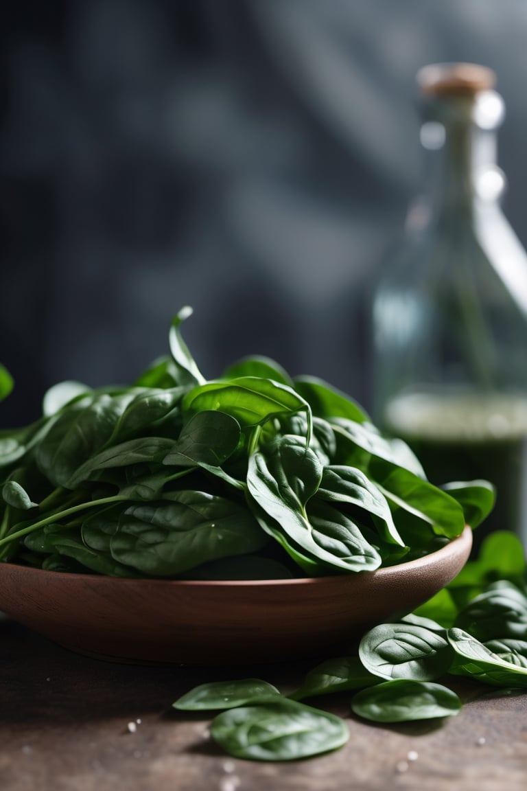 RAW natural photo Of spinach, only one light cenital chimera, day advertising shooting, realistic photograph, sharp focus, depth of field, shoot, ,side shot, side shot, ultrahd, realistic, vivid colors, highly detailed, perfect composition, 8k, photorealistic concept art, soft natural volumetric cinematic perfect light,booth,food focus, UP THE CAMERA
