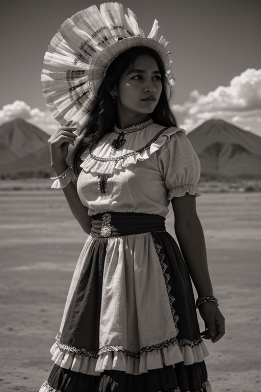 luna violeta, cielo y nubes, 
folkloric dress of bolivia portrait, vintage, desaturated colors ,hd,8k, masterpiece, one light, realistic photography, hasselblad, raw, hiperrealism, medium format sensor camera, super prime cinema lens, 