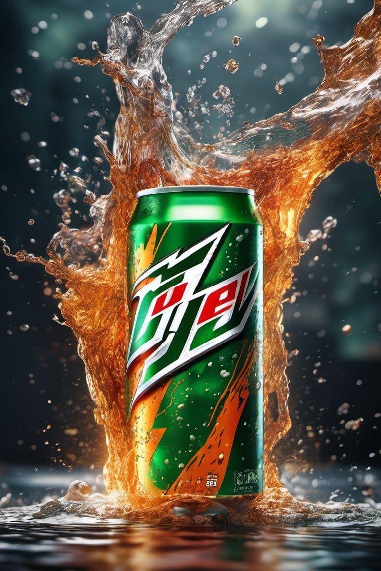 High quality, masterpiece, 4K, quality, Tyndall effect, RAW natural photo of (((perfect))) mountain dew can, fresh, water splash, only one light cenital chimera, day advertising shooting, realistic photograph, sharp focus, depth of field, shoot, ,side shot, side shot, ultrahd, realistic, vivid colors, highly detailed, perfect composition, 8k, photorealistic concept art, soft natural volumetric cinematic perfect light,booth, food focus, black background
