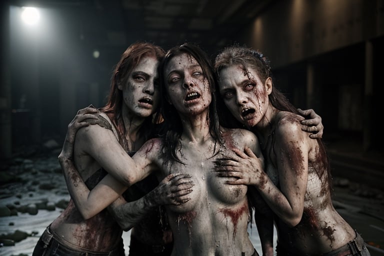 6 female dirty zombies hugging , disturbed souls, rotten zombies version, love and sadness,hd,8k, masterpiece, one light, realistic photography, hasselblad, raw, hiperrealism, medium format sensor camera, super prime cinema lens, (((filtered light))) , ((((concret background)))), 