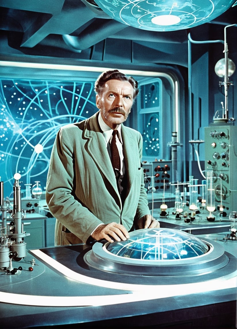 A captivating shot of a worrried looking  Professor Bernard Quatermass in his futuristic laboratory, showcasing his scientific expertise and determination.  Professor Bernard Quatermass should be portrayed in a determined and scientific pose, reflecting his expertise and scientific curiosity, dressed in futuristic and scientific attire. A futuristic laboratory or a scene capturing the essence of Quatermass' scientific endeavors and investigations
Lighting: Sci-fi-inspired, dramatic lighting that accentuates the futuristic and enigmatic nature of Quatermass' work
Color: Modern and tech-inspired tones reflecting the futuristic and scientific theme.The setting should evoke the ambiance of a futuristic laboratory, with cutting-edge scientific equipment, advanced technology, and an atmosphere of scientific discovery and mystery.