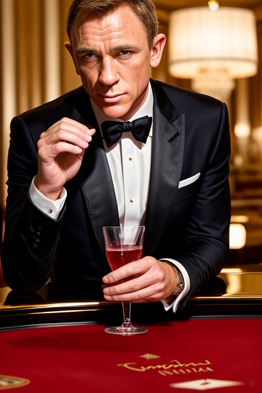  close-up of James Bond, exuding charisma and confidence, perhaps at a baccarat table or holding a signature cocktail. James Bond should be portrayed in a classic and iconic style, wearing a tailored tuxedo, holding a signature drink. A sleek and upscale casino in Monte Carlo, Monaco
Lighting: Soft, ambient casino lighting with dramatic accents