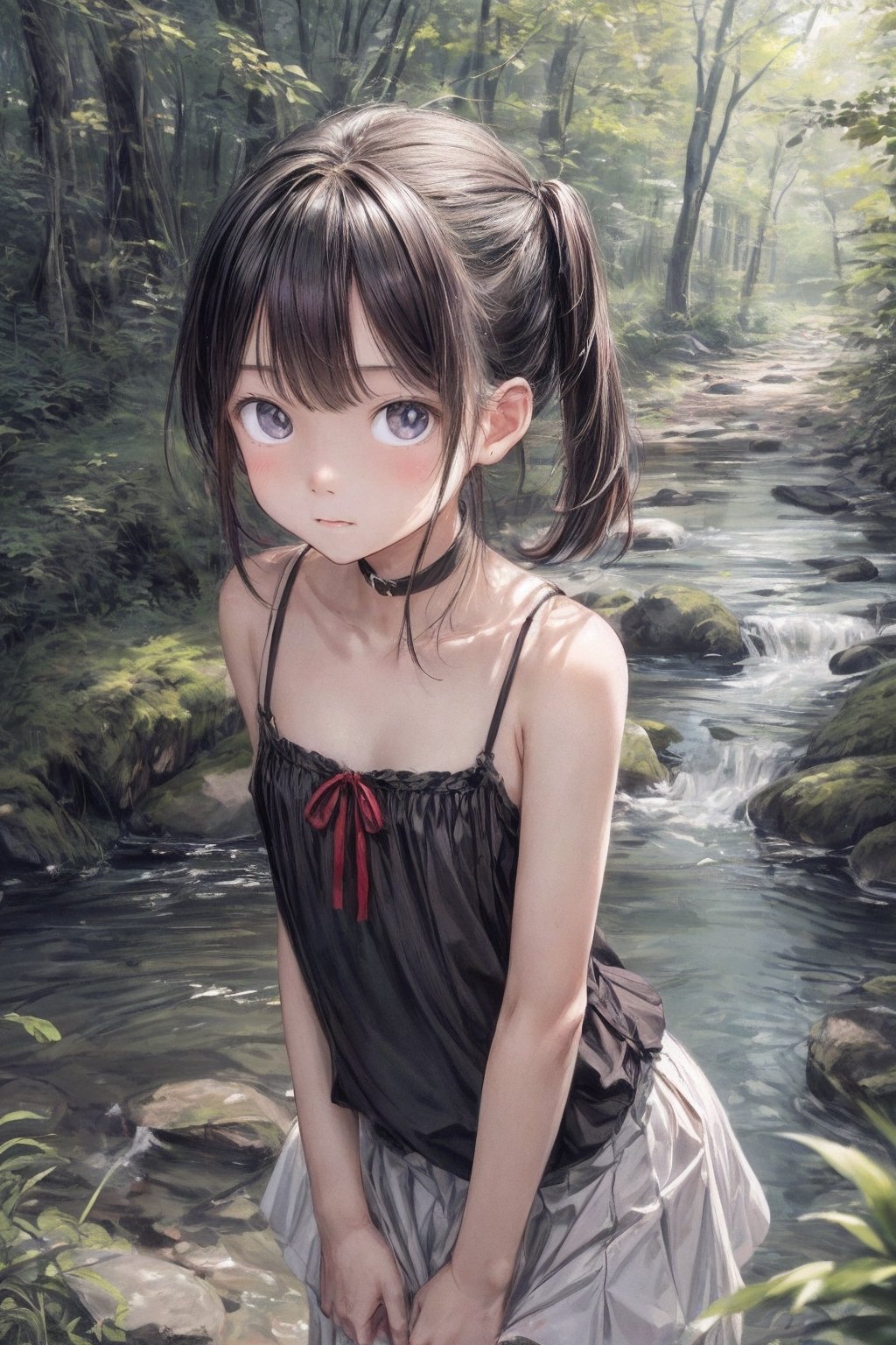 (((By the creek deep in the woods))),(looking at the audience),(((Only the face enters the camera))),
人：a korean little daughter,(((Pure and restrained little daughter))),
服：(sleeveless spaghetti straps),