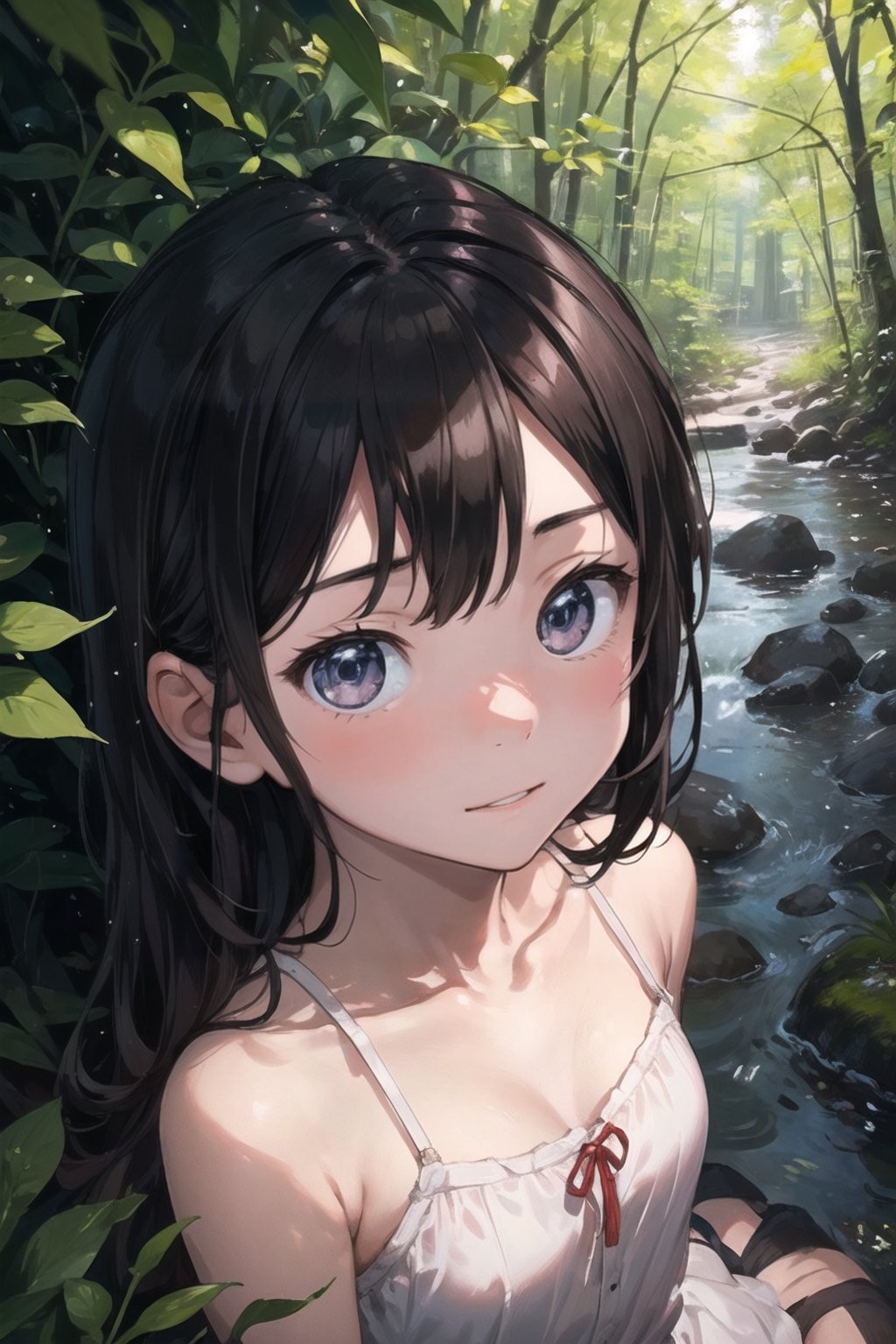 (((By the creek deep in the woods))),(looking at the audience),(((Only the face enters the camera))),
人：a korean little daughter,(((Pure and restrained little daughter))),
服：(sleeveless spaghetti straps),