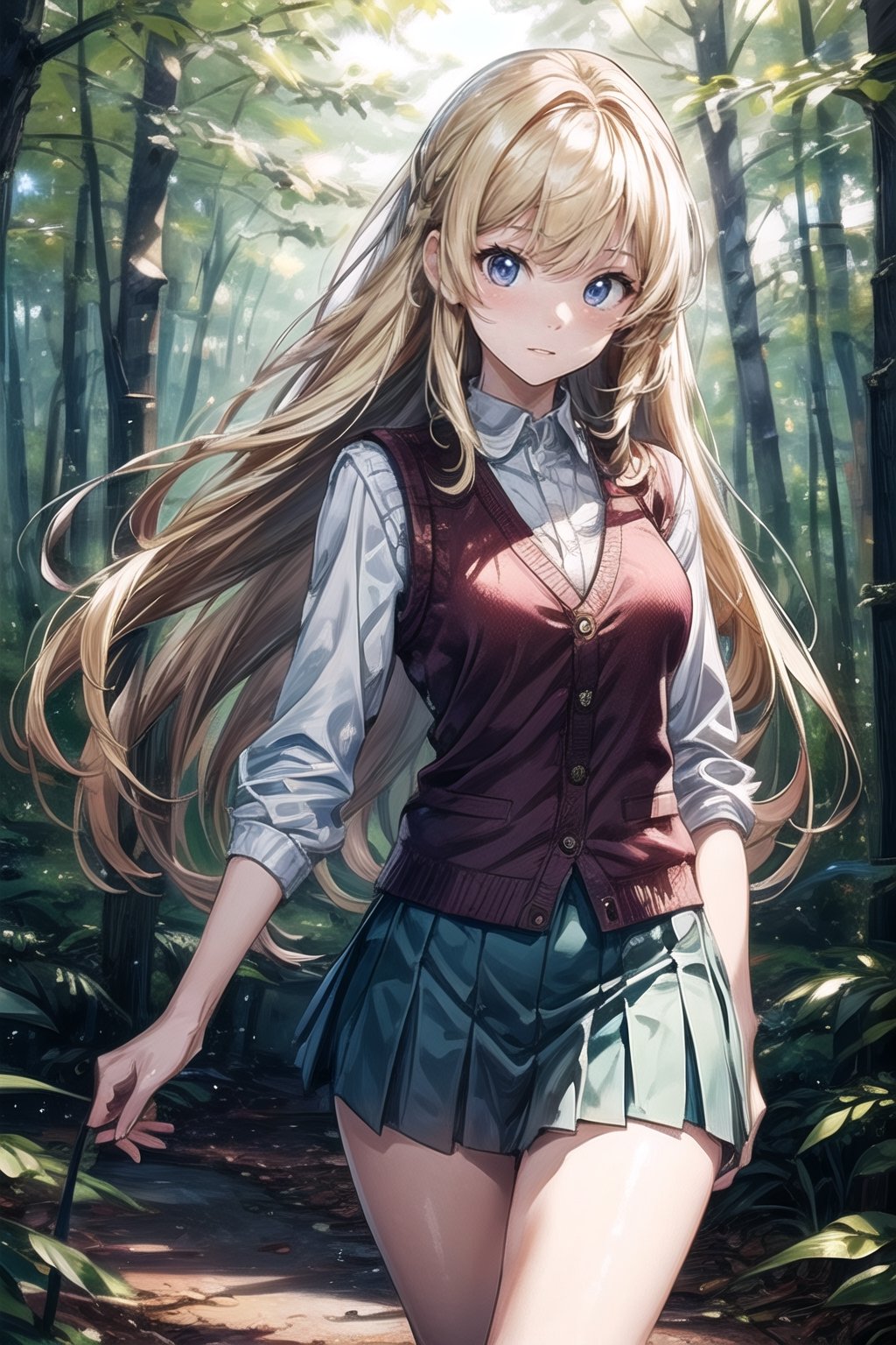 (((In the woods))), (((look at the audience))), (focus on face),
人：(((a korean girl))), (low-cut),
優：(((16K texture structure))), (beautiful body proportions),
髮：(bangs), (((long hair))),(((blond))),
服飾：(knitted vest),(patterned mini skirt),