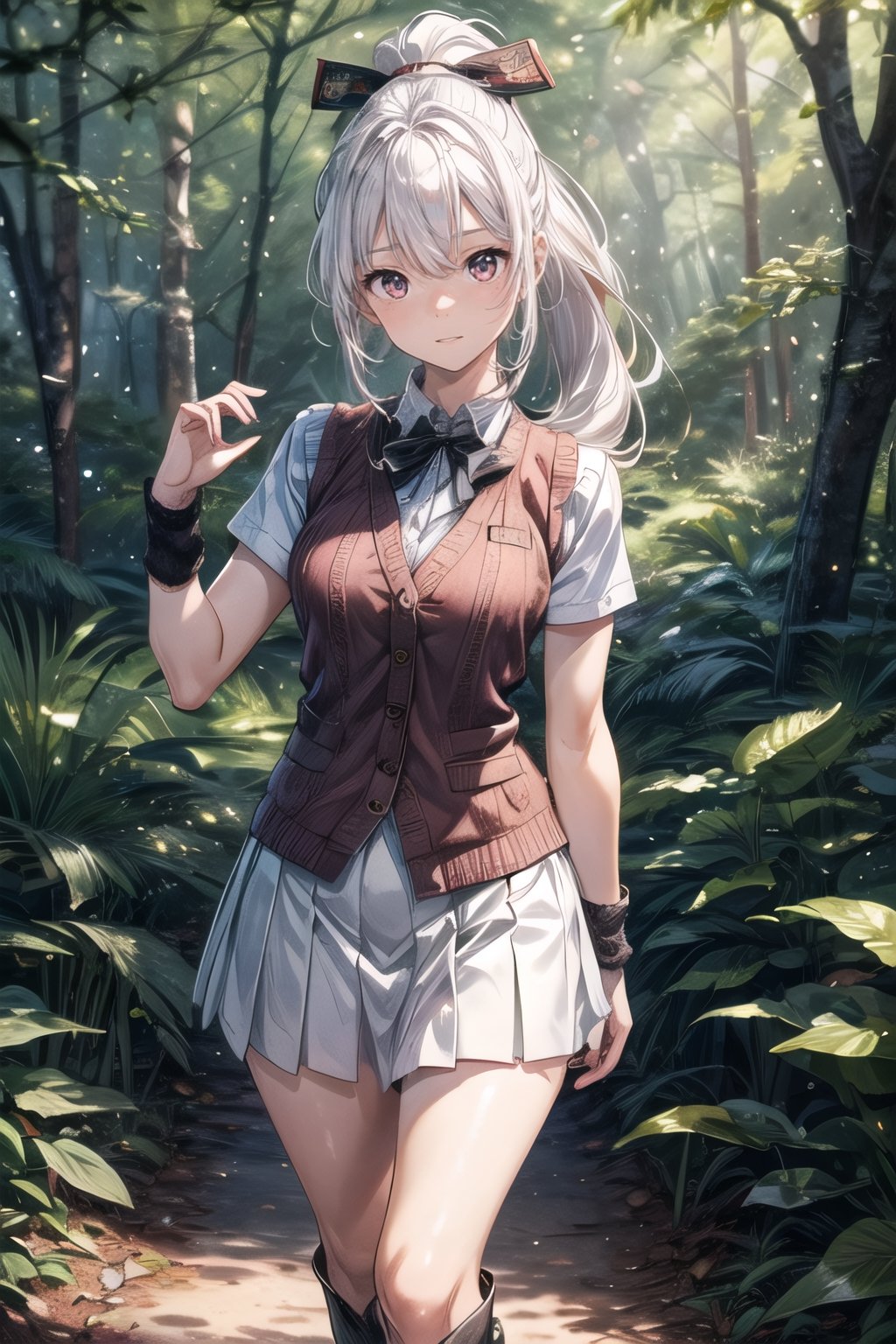 (((In the woods))), (((look at the audience))), (focus on face),
人：(((a korean girl))), (low-cut),
優：(((16K texture structure))), (beautiful body proportions),
髮：(bangs), (((long hair))),(((white hair))),(ponytail),
服飾：(knitted vest),(patterned mini skirt),(black boots),