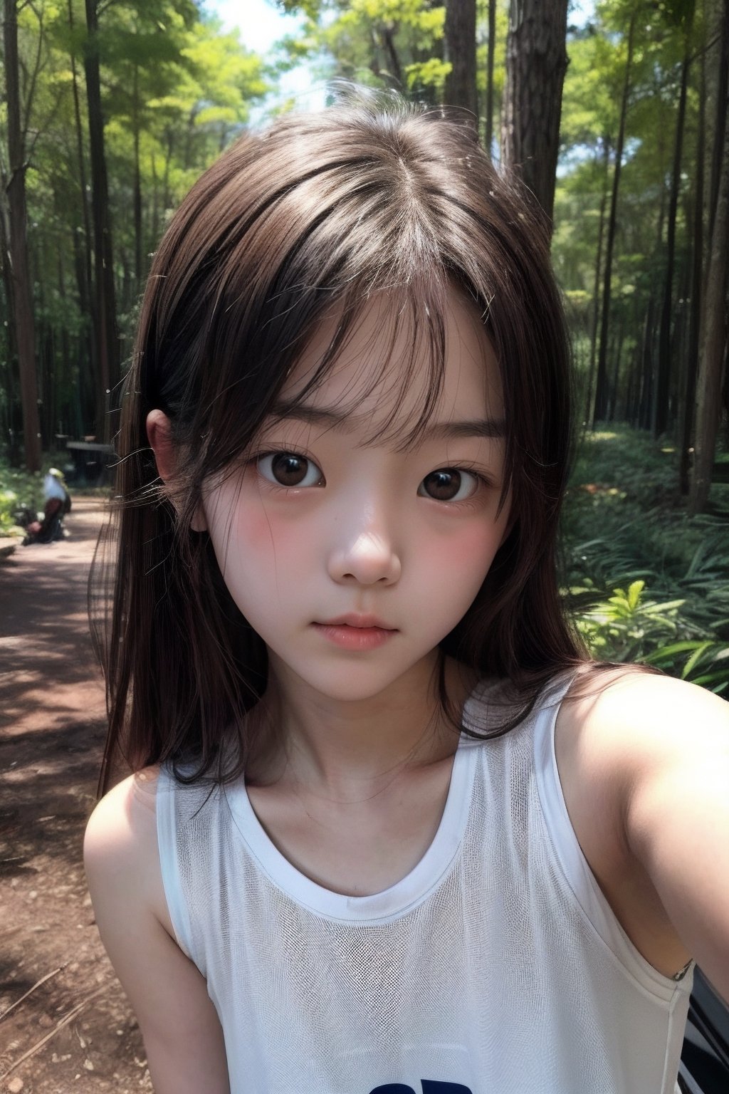 (((deep in the woods))),(looking at the audience),(close to the camera, close to the audience),face close-up,(focus on chest),
人物：(((a korean little girl:1.3))),(Korean actress Lim Yoona),(((little girl of elementary school age))),(childish body:1.3),childish breasts,
優化：(((16K texture structure))),
頭髮：(bangs),long hair,
服飾：(white translucent sports vest),