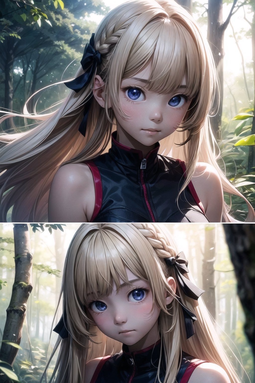 (((deep in the woods))),(looking at the audience),
(((Photos that focus on faces))), (((focus on the face))),
人：1 korean young girl,
髮：(bangs),very long hair,(((light blonde hair))),(((hair weaving:1.4))),
服：((low-cut)),(sleeveless spaghetti straps),