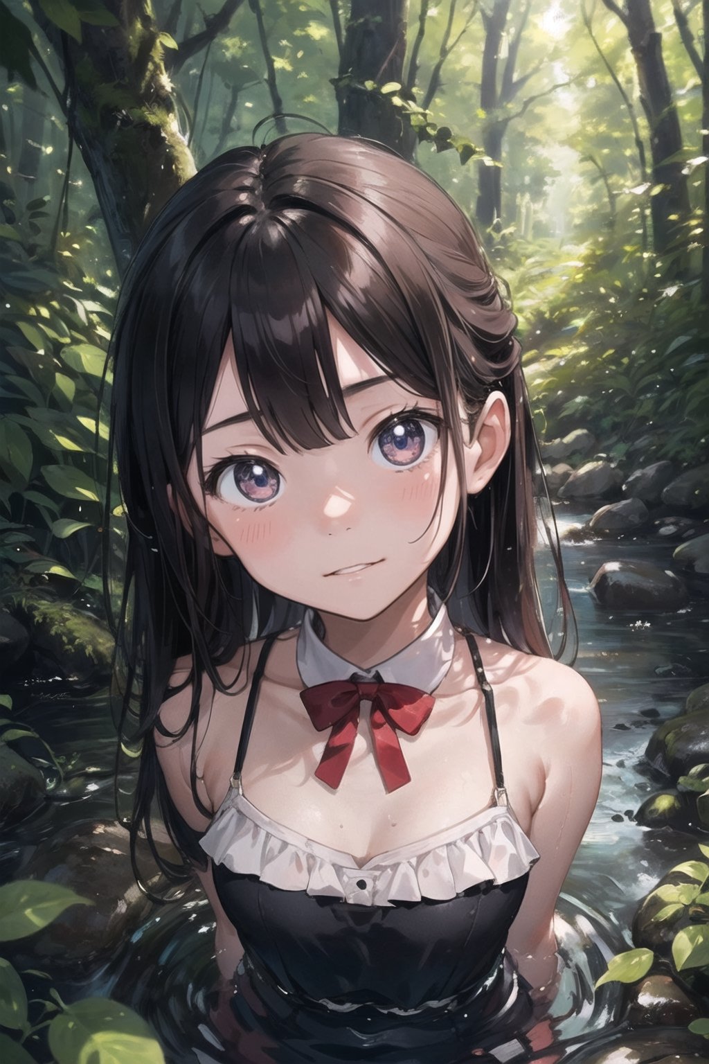 (((By the creek deep in the woods))),(looking at the audience),(((Only the face enters the camera))),
人：a korean little daughter,(((Pure and restrained little daughter))),
服：(sleeveless spaghetti straps),